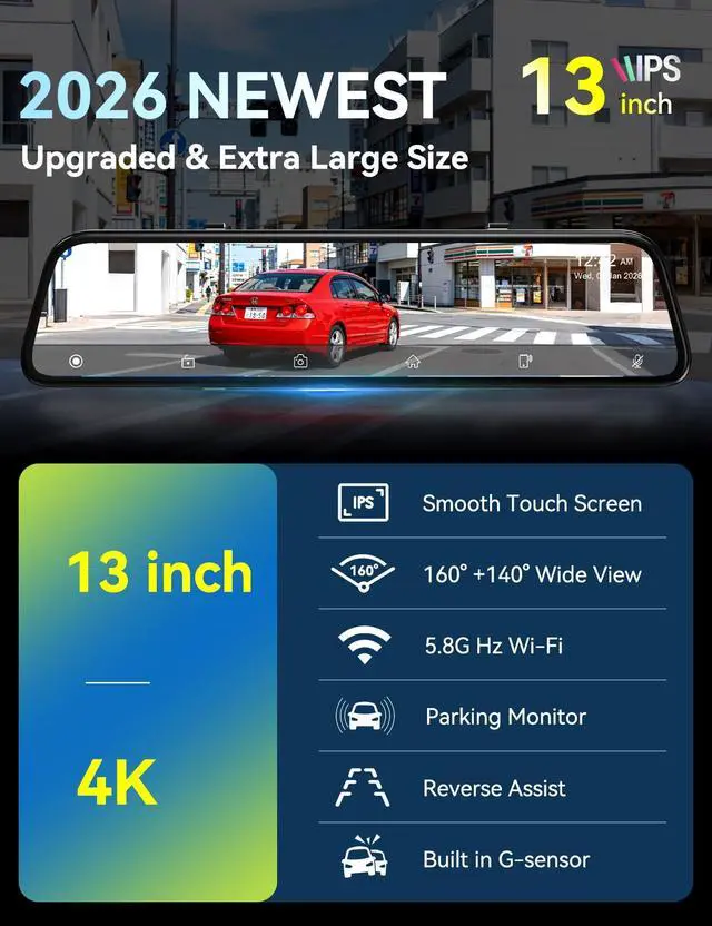 Alt view image 2 of 7 - 2026 Ultrawide 13 4K Rear View Mirror Camera with Carplay&Android Auto | Mirror Dash Cam with 5.8GHz WiFi/Voice Control, 64GB Card/Parking Monitor/Reverse Assist/Loop Record/G-Sensor