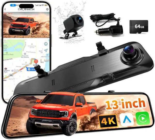 Main image of 2026 Ultrawide 13 4K Rear View Mirror Camera with Carplay&Android Auto | Mirror Dash Cam with 5.8GHz WiFi/Voice Control, 64GB Card/Parking Monitor/Reverse Assist/Loop Record/G-Sensor