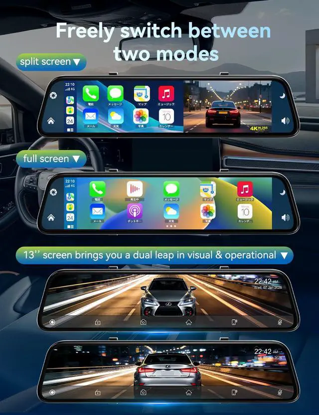 Alt view image 4 of 7 - 2026 Ultrawide 13 4K Rear View Mirror Camera with Carplay&Android Auto | Mirror Dash Cam with 5.8GHz WiFi/Voice Control, 64GB Card/Parking Monitor/Reverse Assist/Loop Record/G-Sensor