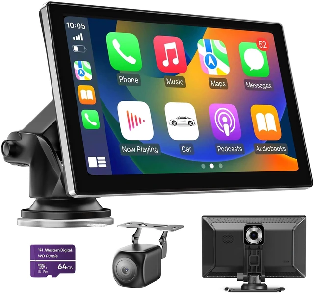 Main image of 9" Wireless Carplay Screen for Car, Portable Car Play Screen for Car & Android Auto, 4K Dash Cam, 1080p Backup Camera, GPS Navigation, Car Audio Receivers Mirror Link, Bluetooth, FM, Siri