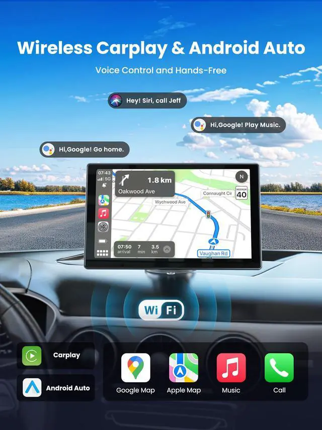 Alt view image 2 of 7 - 9" Wireless Apple Carplay Screen for Car, Portable Car Play Screen for Car | Android Auto, 4K Dash Cam, 1080p Backup Camera, GPS Navigation, Car Audio Receivers Mirror Link, Bluetooth, FM, Siri