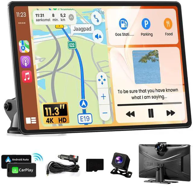Main image of Portable Apple Carplay Screen for Car, 11.3" Extra Large Wireless Car Play & Android Auto Screen for Car, Car Stereo with 4K Dash Cam, App View, Backup Camera,GPS,Mirror Link,FM, Voice Control