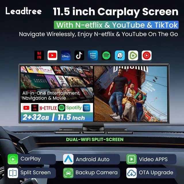 Alt view image 2 of 7 - Largest 11.5 inch Wireless CarPlay Screen for Car,Built-in N-etflix/YouTube/TikTok and other apps,A-pple CarPlay & Android Auto screen with1080P Backup Camera/Navigation/Voice Control,for All Vehicles