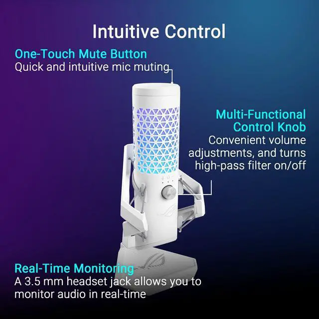 Alt view image 7 of 7 - ROG Carnyx USB Gaming Microphone (25mm Condenser Capsule, 192kHz/24-bit, Cardioid, high-Pass Filter, Built-in pop Filter, Metal Shock Mount, one-Touch Mute, Aura Sync RGB)- Moonlight White
