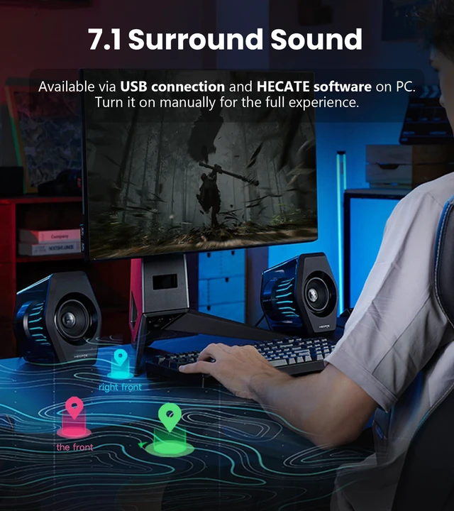 Alt view image 4 of 7 - Edifier G2000 Pro 2.0 RGB Gaming Speakers with 64W Peak Power, Virtual 7.1 Surround Sound, 270° TempoFlow Light Sync, Bluetooth 5.4/USB-C/AUX for PC, PS5, Game Console (Black)