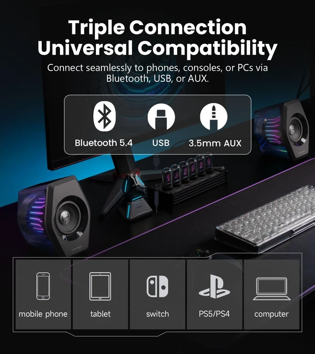 Alt view image 6 of 7 - Edifier G2000 Pro 2.0 RGB Gaming Speakers with 64W Peak Power, Virtual 7.1 Surround Sound, 270° TempoFlow Light Sync, Bluetooth 5.4/USB-C/AUX for PC, PS5, Game Console (Black)