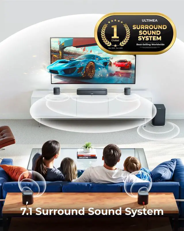 Alt view image 2 of 7 - 7.1ch Sound Bar with Dolby Atmos, 4 Surround Speakers, Aura A60 | Surround Sound System for TV with Subwoofer for Home Theater, Sound Bar for Smart TV with HDMI eARC, App Control, 2026 Model
