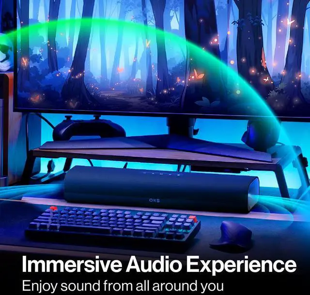 Alt view image 2 of 6 - OXS Thunder Lite PC Gaming Soundbar, Sound Bars for TV with Virtual Surround Sound, 2 Full-Range Drivers, Bass Tube, Compact Design, HDMI/AUX/Optical Compatible, Bluetooth 5.0 Wireless Connection