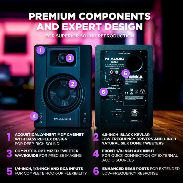 Alt view image 3 of 7 - BX4 Pair 4.5" Wired Studio Monitors and PC Speakers for Recording and Multimedia with Music Production Software