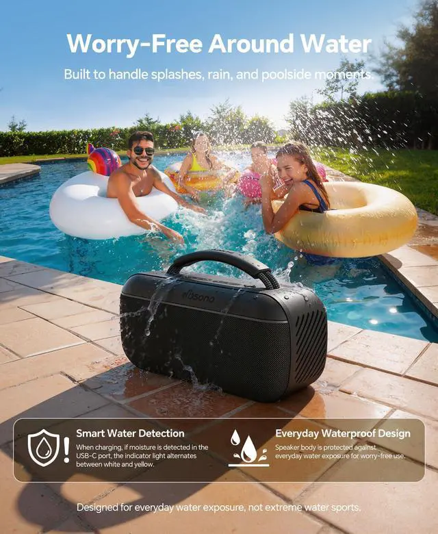 Alt view image 7 of 7 - Portable Bluetooth Speaker Wireless: 100W(Peak) SoundPulse 2.0 with BassBoost, Waterproof Loud Party Speakers, Unlimited Pairing, TWS for Outdoor/Indoor, Beach Vacation Essential, Black