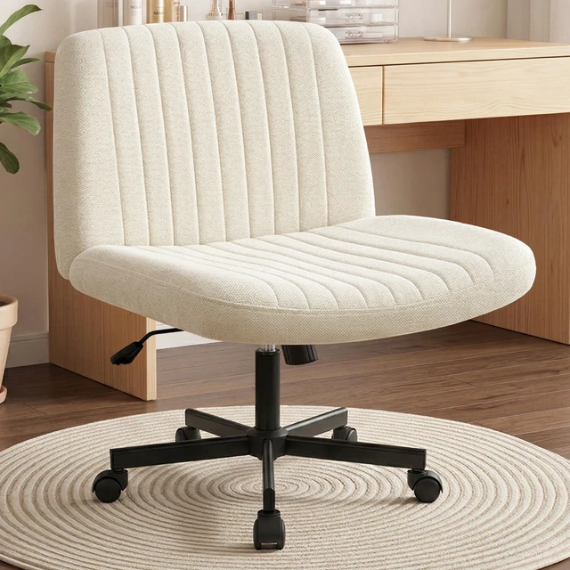 Main image of Criss Cross Chair, Wide Fabric Vanity Desk Seat, Beige Wheel | Cross-Legged with 360° Swivel, Height Adjustable, Smooth and Silent Wheels, Comfy Seating for Office, Desk, or Computer Use