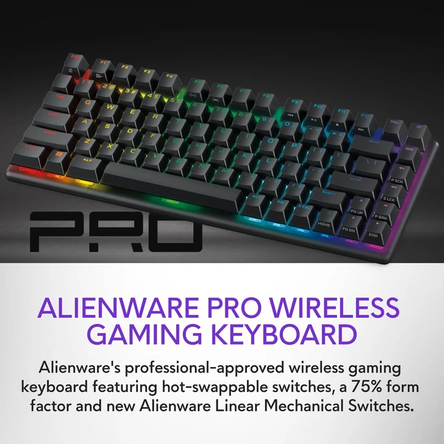 Alt view image 2 of 8 - Alienware Pro Wireless Gaming Keyboard - Bluetooth 5.1/2.4 GHz Radio Frequency Connectivity, Linear Mechanical, Hot-swappable switches, Tri mode connectivity, Adjustable Height - Dark Side of the Moon