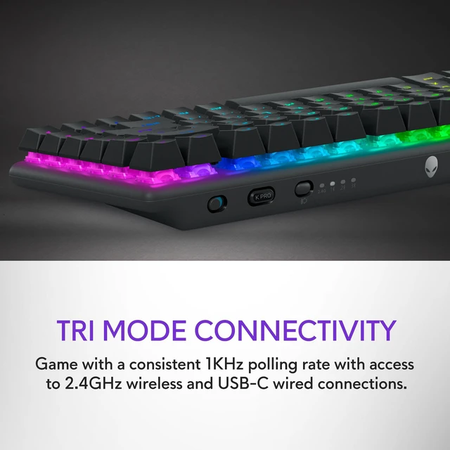Alt view image 7 of 8 - Alienware Pro Wireless Gaming Keyboard - Bluetooth 5.1/2.4 GHz Radio Frequency Connectivity, Linear Mechanical, Hot-swappable switches, Tri mode connectivity, Adjustable Height - Dark Side of the Moon