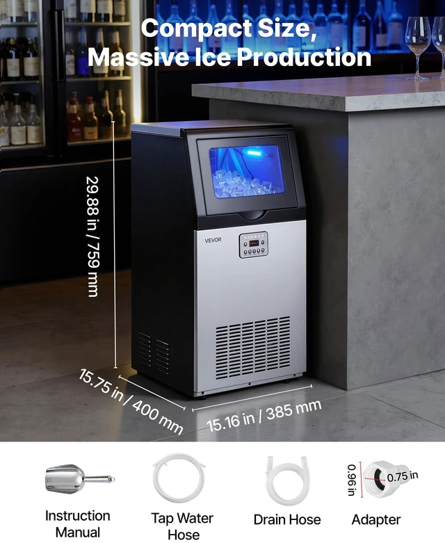 Alt view image 7 of 8 - VEVOR Commercial Ice Maker Machine, 100 lbs/24h with 30 lbs Storage Capacity, Built-in/Freestanding/Under Counter, Stainless Steel Ice Maker with LED Display & Self-Cleaning, for Home Bar Restaurant