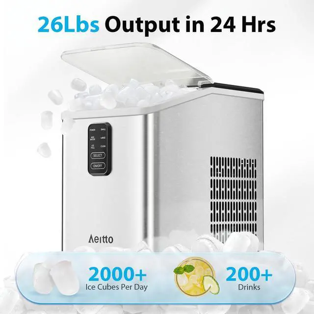 Alt view image 2 of 7 - Ice Maker Countertop 26lbs/24H, Ice Machine 8 Ice Cubes Ready in 6 Mins, 2 Sizes of Bullet Ice Portable Ice Makers with Basket & Scoop, Auto Self-Cleaning for Home/Kitchen/Office Stainless