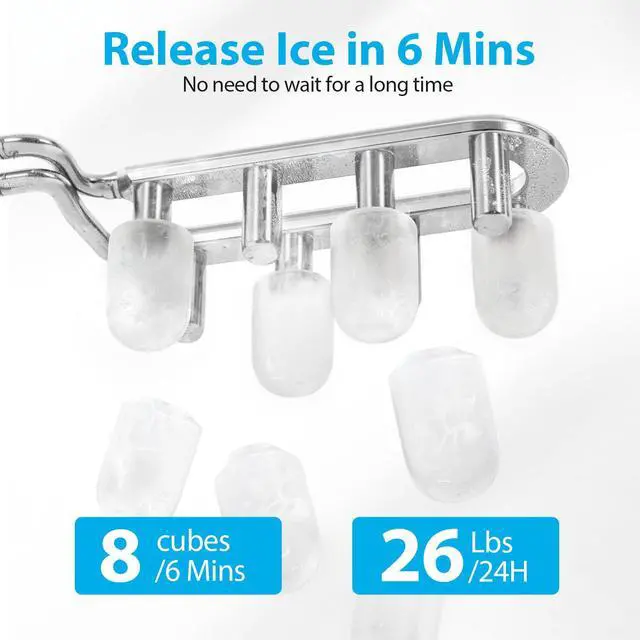 Alt view image 6 of 7 - Ice Maker Countertop 26lbs/24H, Ice Machine 8 Ice Cubes Ready in 6 Mins, 2 Sizes of Bullet Ice Portable Ice Makers with Basket & Scoop, Auto Self-Cleaning for Home/Kitchen/Office Stainless
