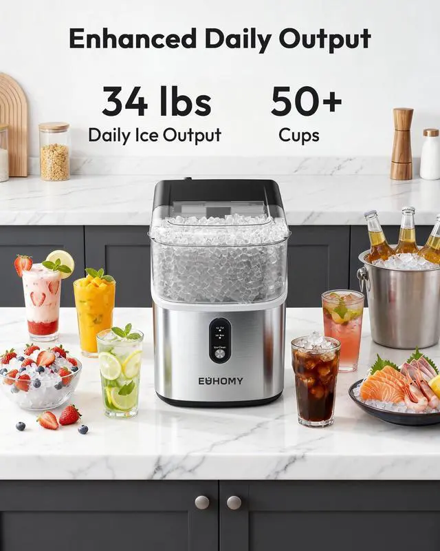 Alt view image 3 of 8 - EUHOMY Nugget Ice Maker Countertop, Ready in 7 Mins, 34Lbs/24H Pebble Ice Maker Machine, Self-Cleaning Countertop Sonic Ice Makers with Ice Scoop&Basket, Pellet Ice Maker for Home, Stainless Steel