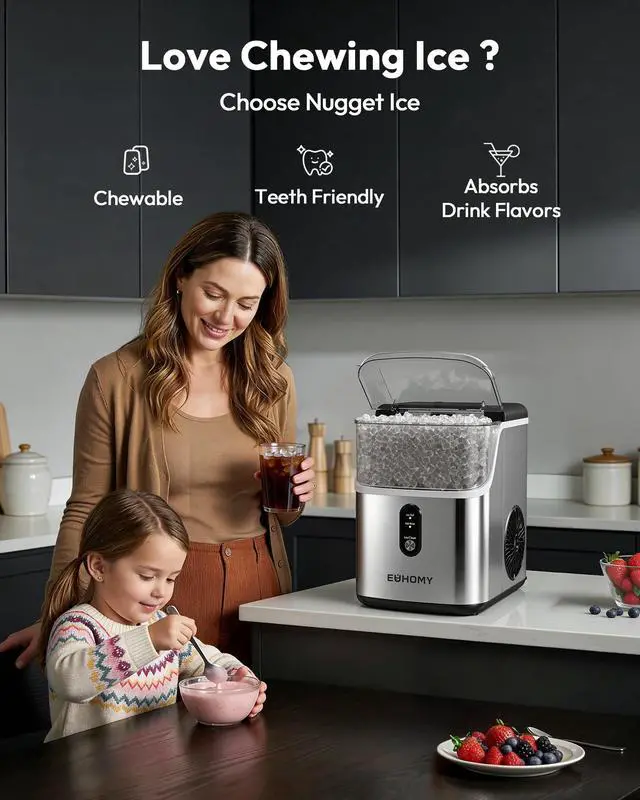 Alt view image 4 of 8 - EUHOMY Nugget Ice Maker Countertop, Ready in 7 Mins, 34Lbs/24H Pebble Ice Maker Machine, Self-Cleaning Countertop Sonic Ice Makers with Ice Scoop&Basket, Pellet Ice Maker for Home, Stainless Steel