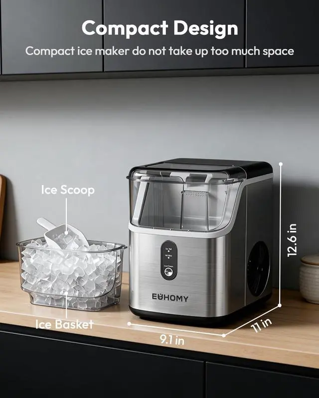Alt view image 6 of 8 - EUHOMY Nugget Ice Maker Countertop, Ready in 7 Mins, 34Lbs/24H Pebble Ice Maker Machine, Self-Cleaning Countertop Sonic Ice Makers with Ice Scoop&Basket, Pellet Ice Maker for Home, Stainless Steel