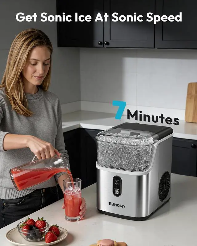 Alt view image 2 of 8 - EUHOMY Nugget Ice Maker Countertop, Ready in 7 Mins, 34Lbs/24H Pebble Ice Maker Machine, Self-Cleaning Countertop Sonic Ice Makers with Ice Scoop&Basket, Pellet Ice Maker for Home, Stainless Steel