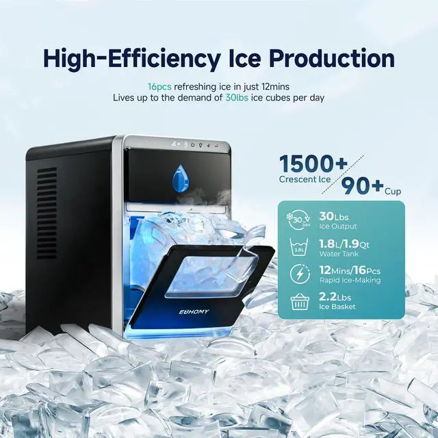 Alt view image 3 of 8 - EUHOMY LunaArc Crescent Ice Maker Countertop, 16Pcs Ready in 12Mins, 1600Pcs/Day, Auto Deep Cleaning, Timer, Adjustable Ice Thickness, Portable Ice Cube Maker for Whiskey/Coffee/Soft Drinks