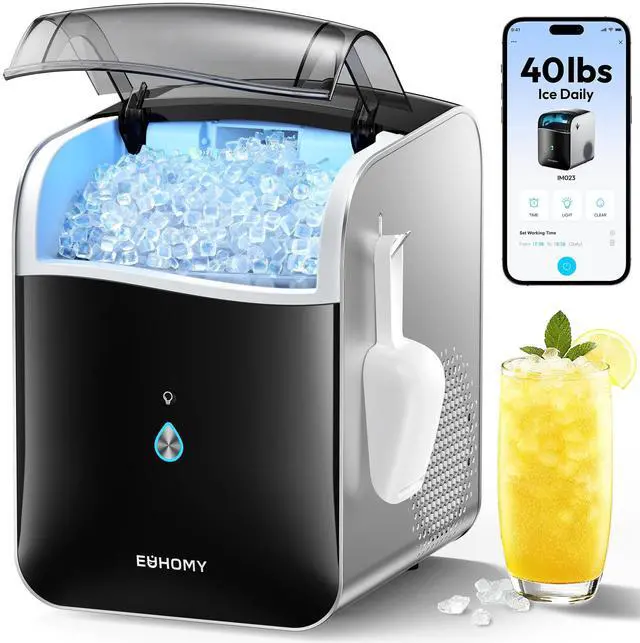 Main image of EUHOMY Smart Nugget Ice Maker Countertop, Pebble Ice Maker Machine with APP Control, 40lbs/24H, Ready in 7 Mins, Self-Cleaning, Portable Sonic Ice Makers with Hanging Ice Scoop for Home/Kitchen/Office