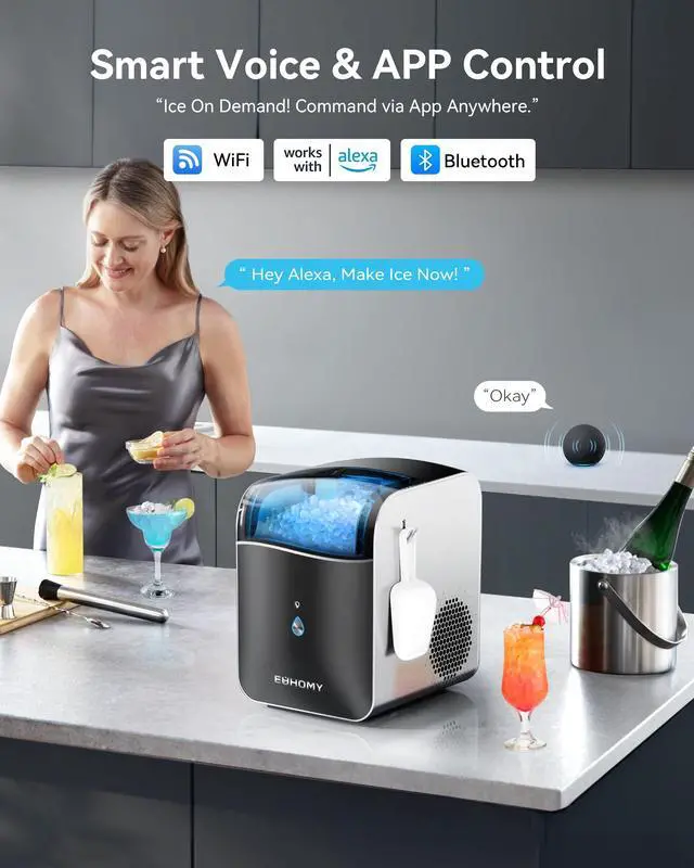 Alt view image 4 of 8 - EUHOMY Smart Nugget Ice Maker Countertop, Pebble Ice Maker Machine with APP Control, 40lbs/24H, Ready in 7 Mins, Self-Cleaning, Portable Sonic Ice Makers with Hanging Ice Scoop for Home/Kitchen/Office