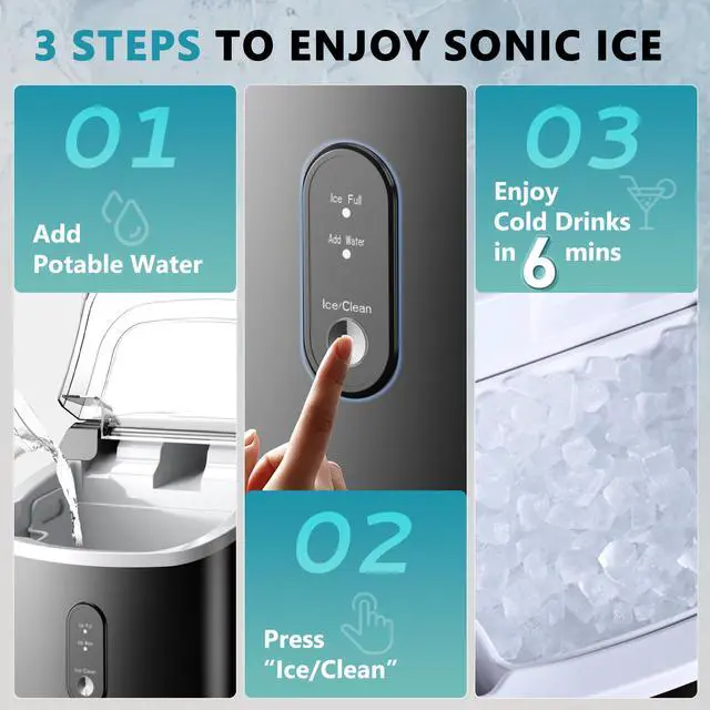 Alt view image 6 of 7 - EUHOMY Nugget Ice Maker Countertop with Handle, Ready in 6 Mins, 34lbs Per Day, Removable Top Cover, Auto-Cleaning, Portable Sonic Ice Maker with Basket and Scoop, for Home/Party/RV/Camping (Black)