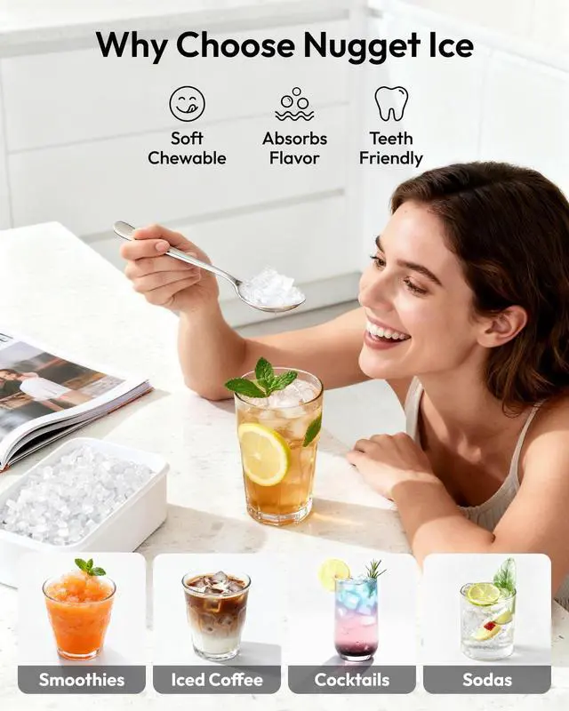 Alt view image 4 of 7 - Nugget Ice Maker Countertop with Handle, Ready in 6 Mins, 38lbs/Day, Removable Top Cover, Self-Cleaning, Portable Chewable Ice Maker with Basket, Scoop, for Home/RV/Party/Camping (Black)