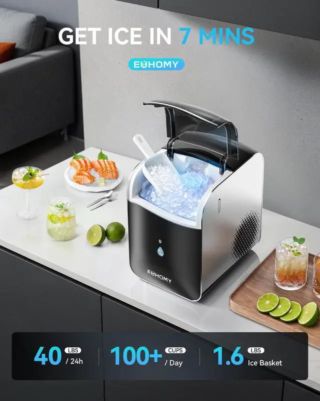 Alt view image 3 of 8 - EUHOMY Smart Nugget Ice Maker Countertop, Pebble Ice Maker Machine with APP Control, 40lbs/24H, Ready in 7 Mins, Self-Cleaning, Portable Sonic Ice Makers with Hanging Ice Scoop for Home/Kitchen/Office