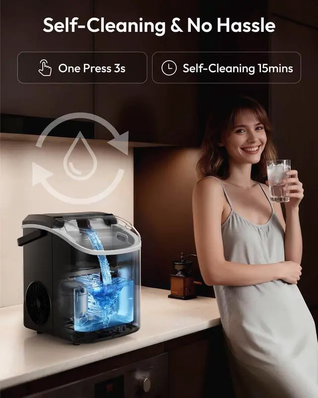 Alt view image 6 of 7 - Nugget Ice Maker Countertop with Handle, Ready in 6 Mins, 38lbs/Day, Removable Top Cover, Self-Cleaning, Portable Chewable Ice Maker with Basket, Scoop, for Home/RV/Party/Camping (Black)