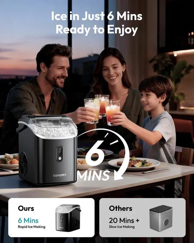 Alt view image 2 of 7 - Nugget Ice Maker Countertop with Handle, Ready in 6 Mins, 38lbs/Day, Removable Top Cover, Self-Cleaning, Portable Chewable Ice Maker with Basket, Scoop, for Home/RV/Party/Camping (Black)