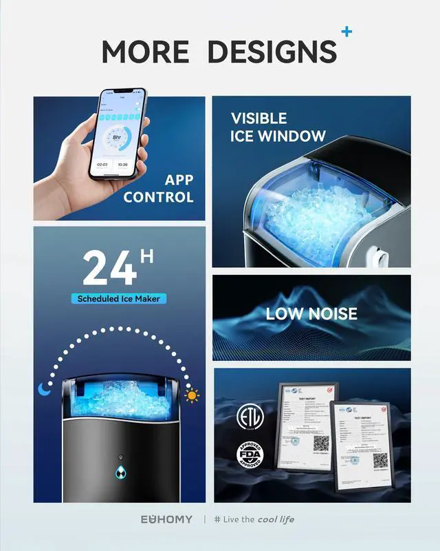 Alt view image 6 of 8 - EUHOMY Smart Nugget Ice Maker Countertop, Pebble Ice Maker Machine with APP Control, 40lbs/24H, Ready in 7 Mins, Self-Cleaning, Portable Sonic Ice Makers with Hanging Ice Scoop for Home/Kitchen/Office