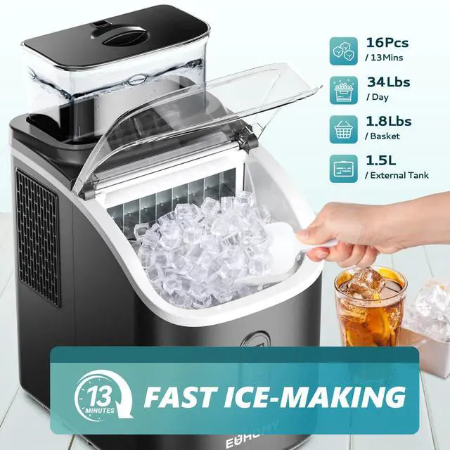 Alt view image 2 of 8 - EUHOMY Ice Cube Maker Machine Countertop with External Water Tank, 2 Ways to Add Water, 34Lbs/Day, 16Pcs Ready in 7 Mins, Auto-Cleaning, with Ice Scoop & Basket, for Home/Kitchen/Office/Bar (Black)