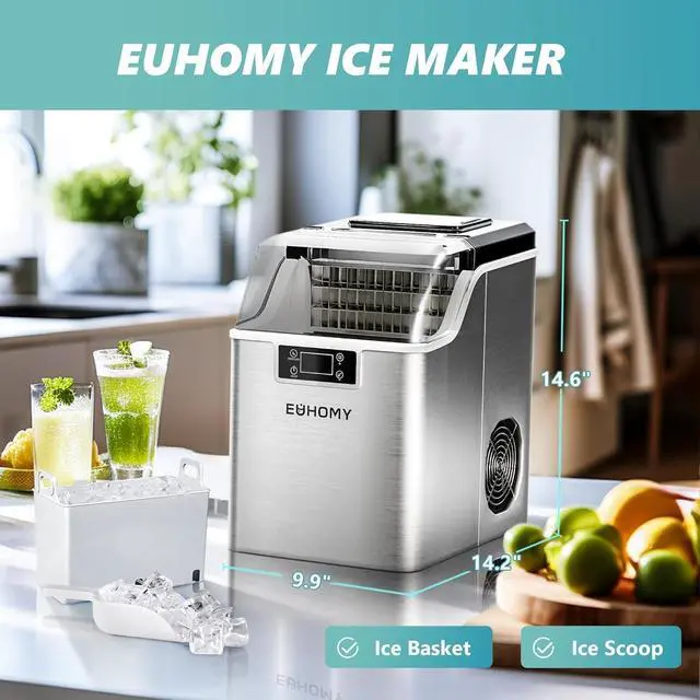 Alt view image 7 of 8 - EUHOMY Ice Cube Maker Machine Countertop, 2 Ways to Add Water, 45Lbs/Day 24 Pcs Ready in 13 Mins, Self-Cleaning Portable Compact, with Ice Scoop & Basket, Perfect for Home/Kitchen/Office/Bar