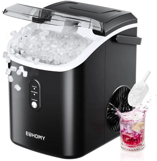 Main image of EUHOMY Nugget Ice Maker Countertop with Handle, Ready in 6 Mins, 34lbs Per Day, Removable Top Cover, Auto-Cleaning, Portable Sonic Ice Maker with Basket and Scoop, for Home/Party/RV/Camping (Black)