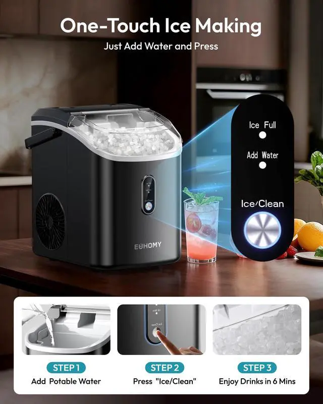 Alt view image 5 of 7 - Nugget Ice Maker Countertop with Handle, Ready in 6 Mins, 38lbs/Day, Removable Top Cover, Self-Cleaning, Portable Chewable Ice Maker with Basket, Scoop, for Home/RV/Party/Camping (Black)