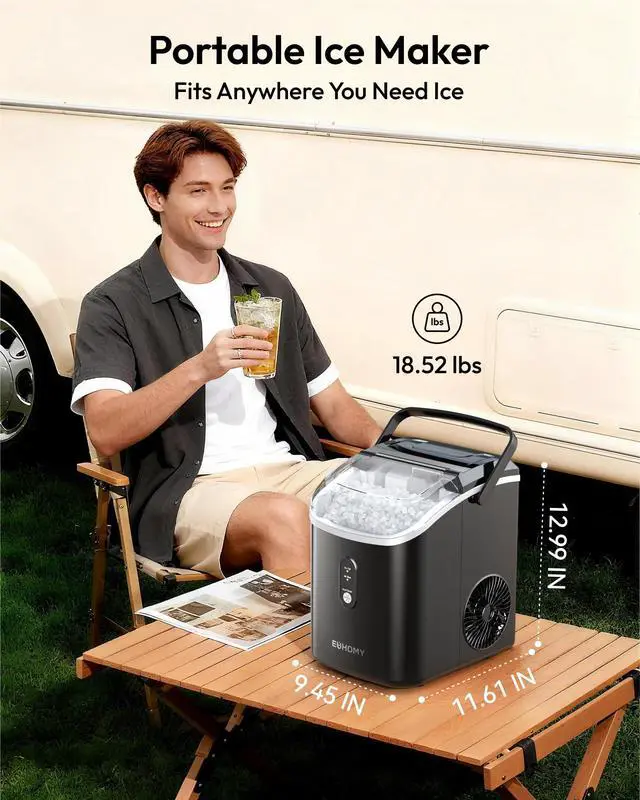 Alt view image 7 of 7 - Nugget Ice Maker Countertop with Handle, Ready in 6 Mins, 38lbs/Day, Removable Top Cover, Self-Cleaning, Portable Chewable Ice Maker with Basket, Scoop, for Home/RV/Party/Camping (Black)