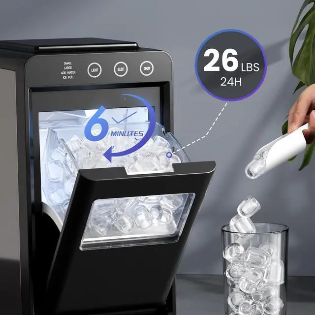 Alt view image 2 of 7 - Ice Makers Countertop,26Lbs/24H,8Pcs in 6Mins,Portable Ice Maker Machine with Self-Cleaning,Interior Lighting,2 Sizes of Bullet Ice for Home/Office/Party(Black)