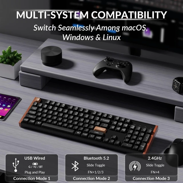 Alt view image 2 of 7 - Keychron K10 HE QMK Wireless Gaming Custom Mechanical Keyboard, 2.4 GHz/Bluetooth/Wired Full-Size Hot-Swappable Programmable RGB Backlit Gateron Magnetic Switches, Wood Frame-Black