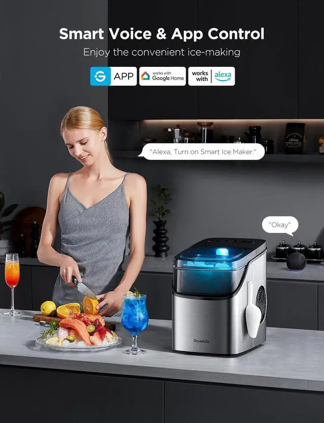 Alt view image 2 of 7 - Smart Ice Maker, 9 Ice Cubes in 6 Mins 3 Sizes, 26lbs/Day, Silver | Countertop Ice Maker with App & Voice Control, Self Cleaning, RGB Lights, Portable Ice Machine with Scoop for Kitchen, Party