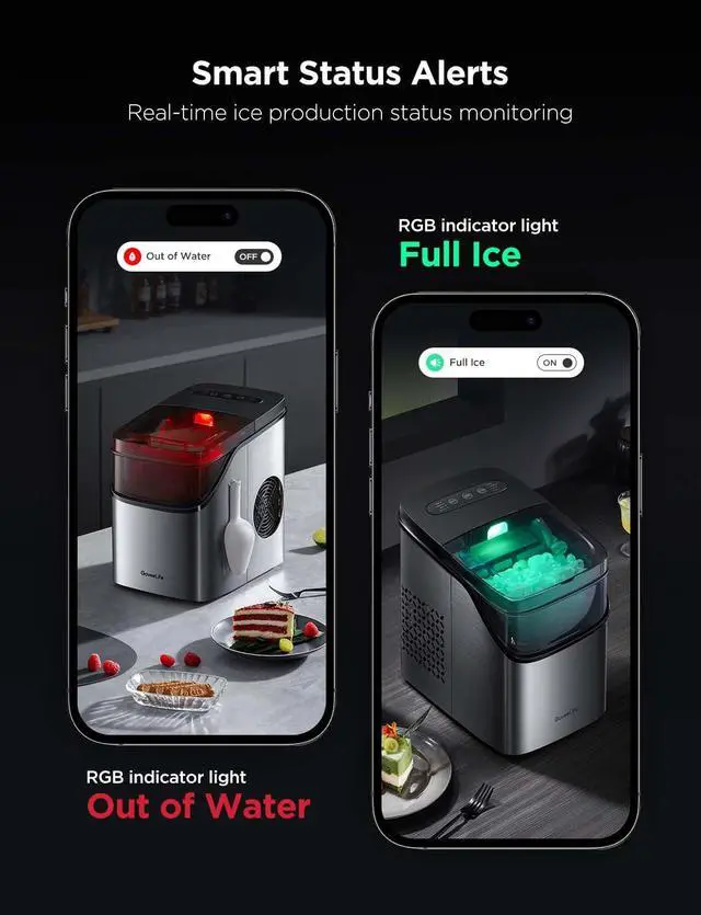 Alt view image 6 of 7 - Smart Ice Maker, 9 Ice Cubes in 6 Mins 3 Sizes, 26lbs/Day, Silver | Countertop Ice Maker with App & Voice Control, Self Cleaning, RGB Lights, Portable Ice Machine with Scoop for Kitchen, Party