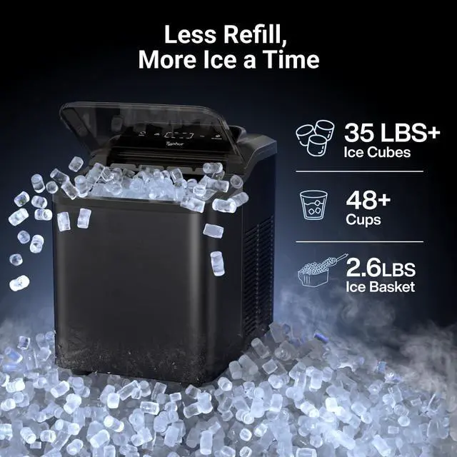 Alt view image 3 of 7 - Fast Nugget Ice Maker Countertop with Self-Cleaning Pump, 35lbs/24H Crushed Pebble Ice Machine, 8 Packs Cleaner, Dual Ice Scoops for Home, Kitchen, Party, RV, Onyx Black Stainless Steel