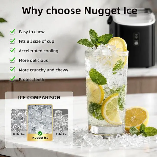Alt view image 4 of 7 - Nugget Countertop Ice Maker with Soft Chewable Ice, 34Lbs/24H, Pebble Portable Ice Machine with Ice Scoop, Self-Cleaning, One-Click Operation, for Kitchen,Office Stainless Steel Black