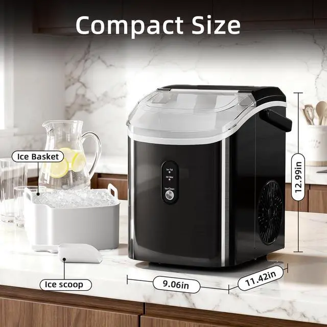 Alt view image 6 of 7 - Nugget Countertop Ice Maker with Soft Chewable Ice, 34Lbs/24H, Pebble Portable Ice Machine with Ice Scoop, Self-Cleaning, One-Click Operation, for Kitchen,Office Stainless Steel Black