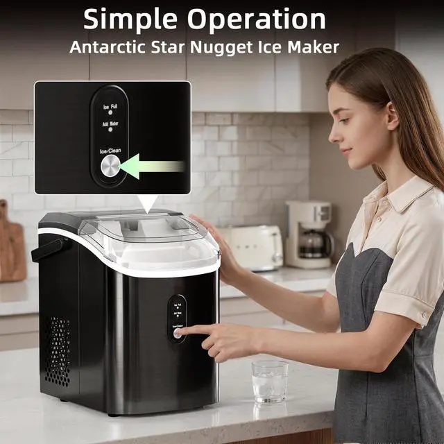 Alt view image 5 of 7 - Nugget Countertop Ice Maker with Soft Chewable Ice, 34Lbs/24H, Pebble Portable Ice Machine with Ice Scoop, Self-Cleaning, One-Click Operation, for Kitchen,Office Stainless Steel Black