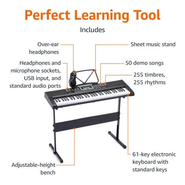Alt view image 2 of 7 - Portable Electric Keyboard Piano with 61 Full Size Keys, Built-in Speakers, Songs for Learning, Digital Piano, Black