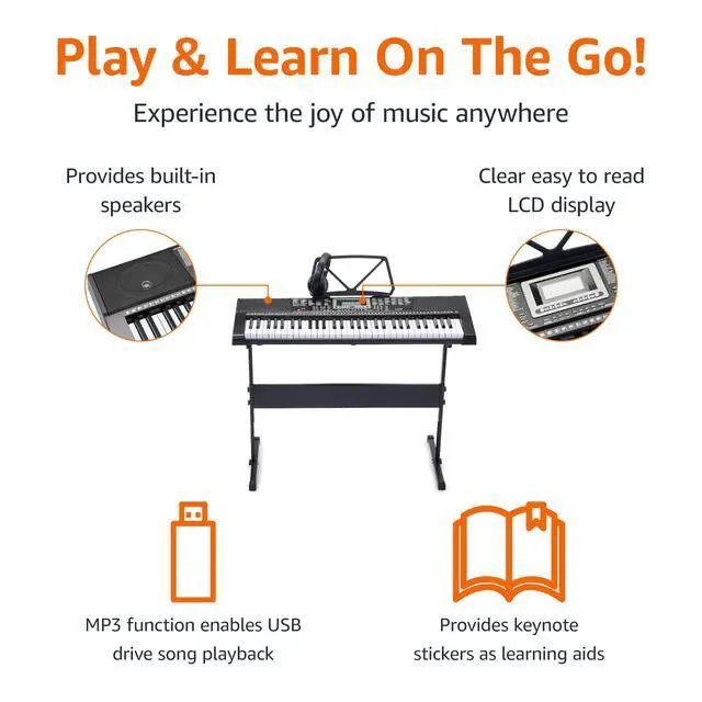 Alt view image 3 of 7 - Portable Electric Keyboard Piano with 61 Full Size Keys, Built-in Speakers, Songs for Learning, Digital Piano, Black