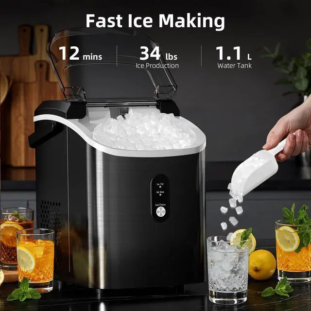 Alt view image 2 of 7 - Nugget Ice Maker Countertop with Soft Chewable Ice, Portable Sonic Ice Maker with Basket and Scoop, Removable Top Cover, Auto-Cleaning for Home/Party/RV/Camping (Stainless Steel Black)
