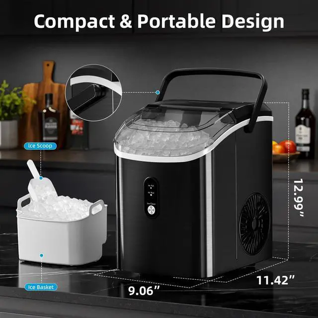 Alt view image 3 of 7 - Nugget Ice Maker Countertop with Soft Chewable Ice, Portable Sonic Ice Maker with Basket and Scoop, Removable Top Cover, Auto-Cleaning for Home/Party/RV/Camping (Stainless Steel Black)